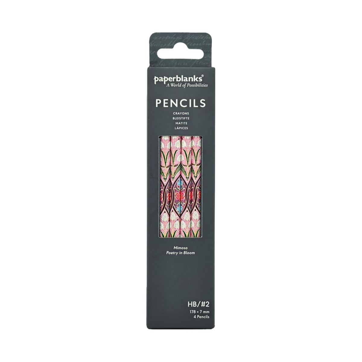 Paperblanks Mimosa set of four pink floral HB graphite pencils featuring botanical artwork inspired by Percy Bysshe Shelley&