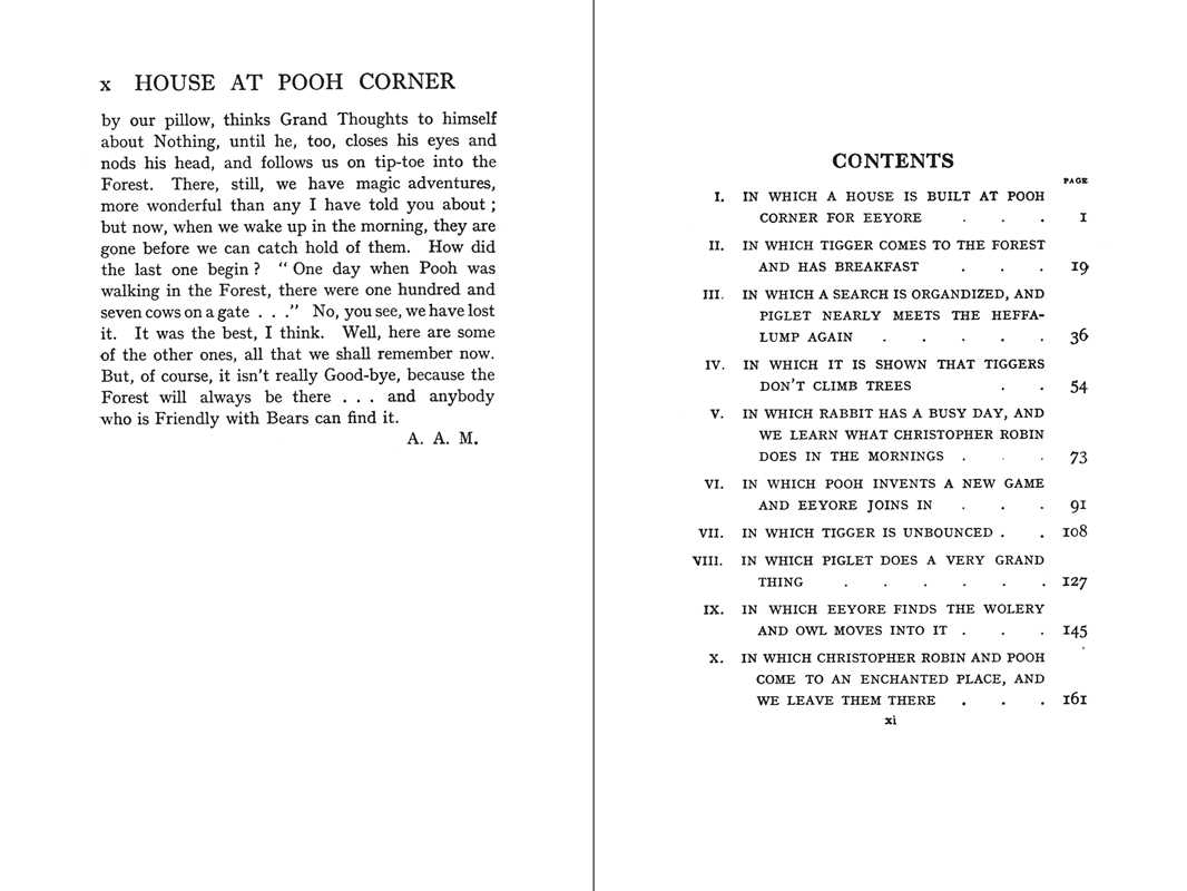 Contents page of The House at Pooh Corner by A. A. Milne, illustrated hardcover featuring original E. H. Shepard artwork newly colorized.