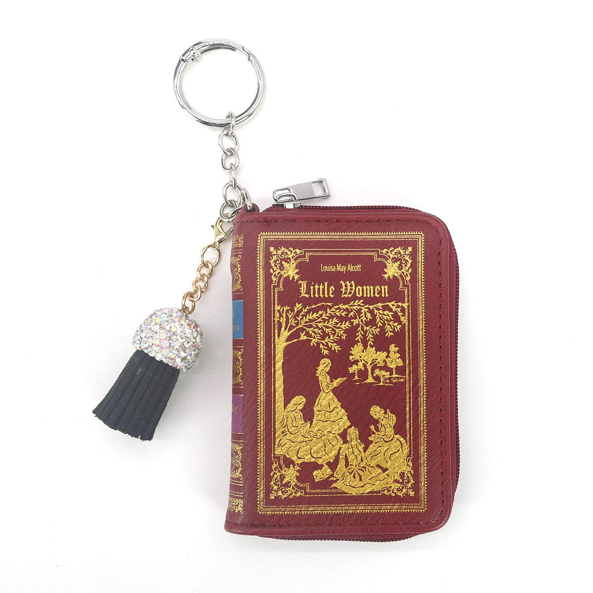 Little Women miniature book-shaped vinyl coin purse and bag charm featuring vintage-style cover artwork inspired by Louisa May Alcott&