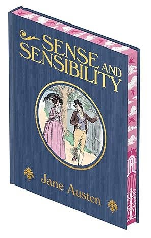 Sense and Sensibility by Jane Austen, Arcturus Decorative Classics hardcover featuring a gold-embossed cover, decorative stenciled page edges, and patterned endpapers.