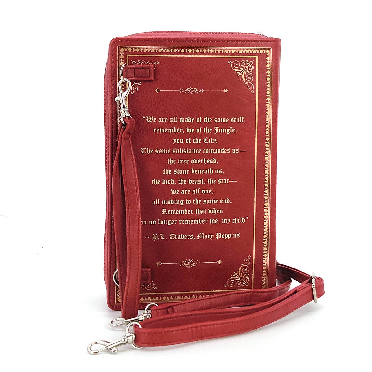 Red leather wallet with quote text and decorative elements on a white background