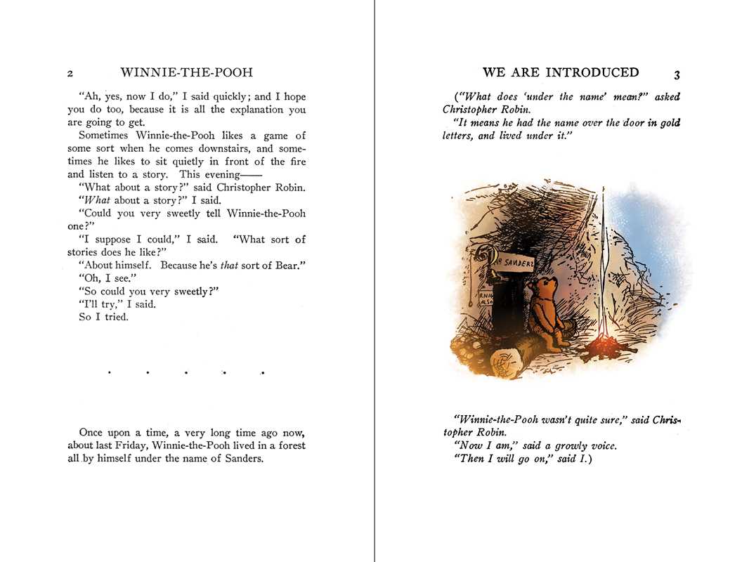 An open book showing two printed interior pages with text about Winnie-the-Pooh and a small illustrated scene of the bear sitting on a bed. This is not a clean product shot of a physical item in a studio, and it is not a measurement chart, color swatch, instruction diagram, scenery artwork, or placeholder.