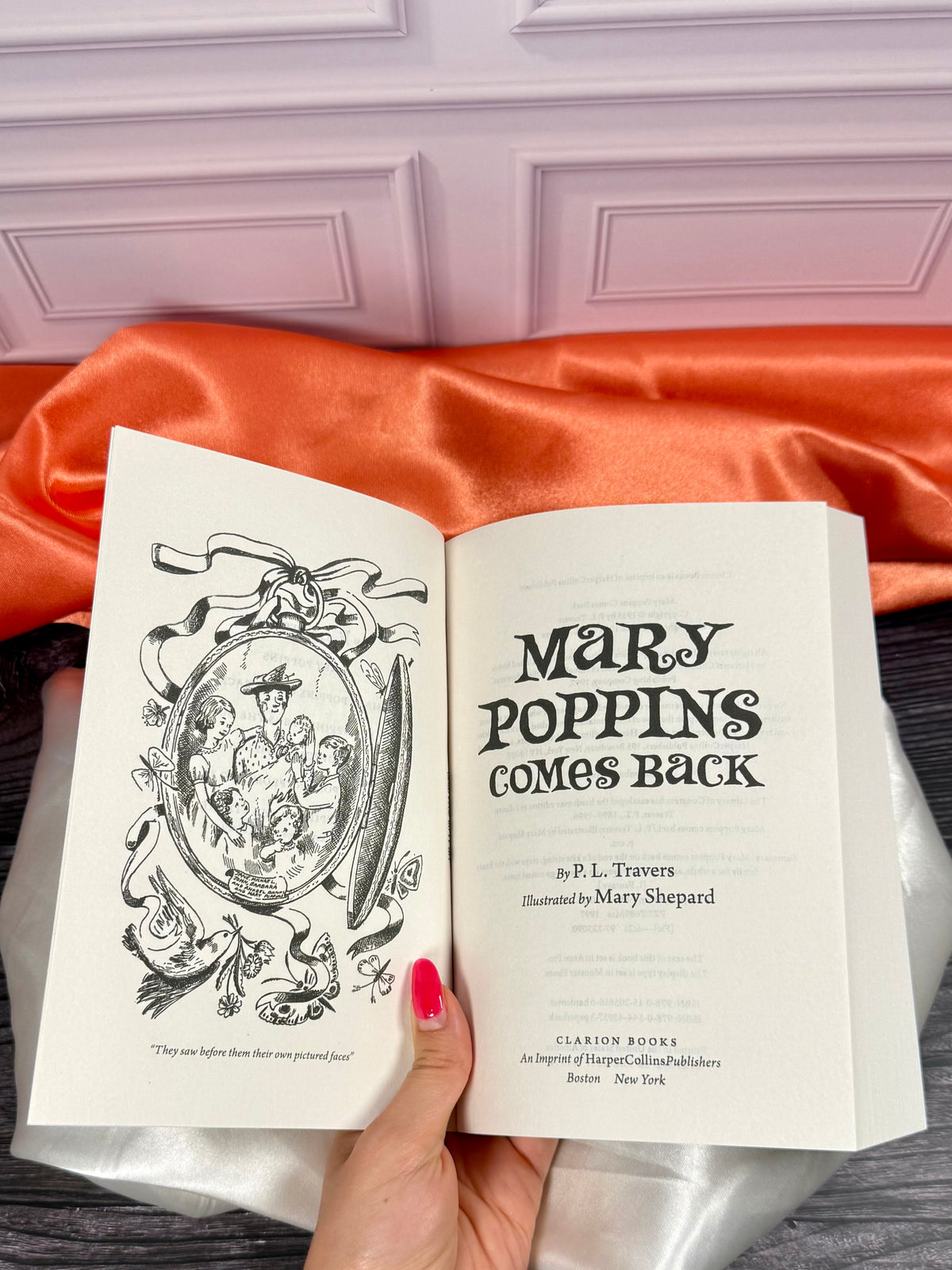 Mary Poppins Opens the Door title page by P. L. Travers, featuring a black-and-white illustration by Mary Shepard inside the paperback boxed set.