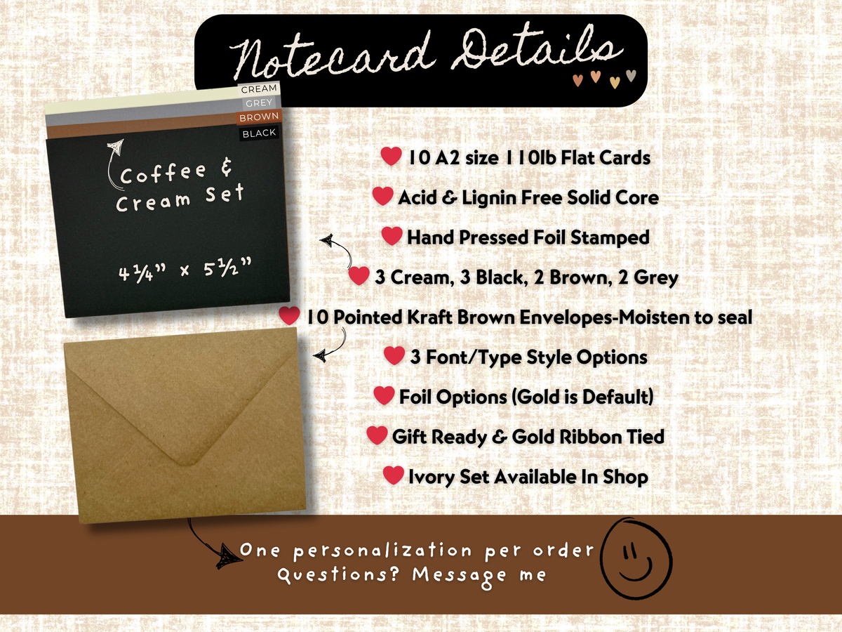 Coffee & Cream – Personalized A2 Notecard Set (10 Flat Cards with Envelopes) | Custom Foil Stationery by StoryGiftStudio