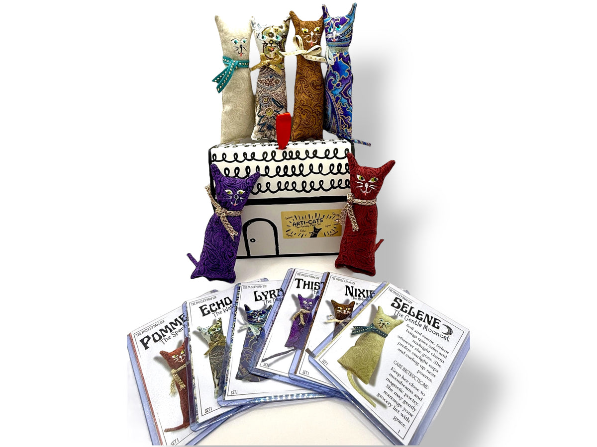 Handmade Cat Magnet Set – Plush Arti-Cats with Collector Cards – Fridge Magnets Gift for Cat Lovers – Greek Mythology Artemis Decor