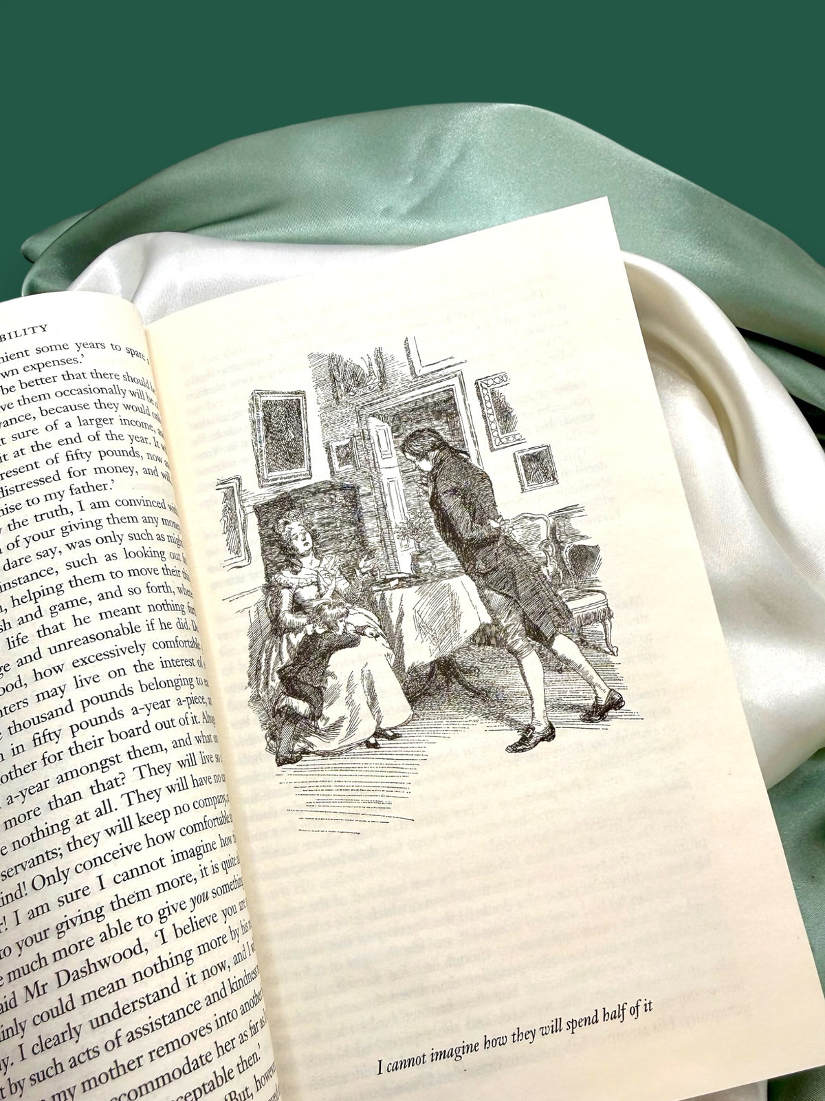 Interior of Sense and Sensibility Wordsworth Classics paperback showing a black-and-white illustration beside printed text.