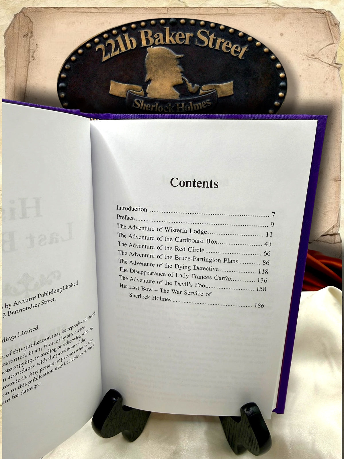 Table of contents inside His Last Bow by Arthur Conan Doyle, listing eight Sherlock Holmes stories including Wisteria Lodge, The Bruce-Partington Plans, and His Last Bow.