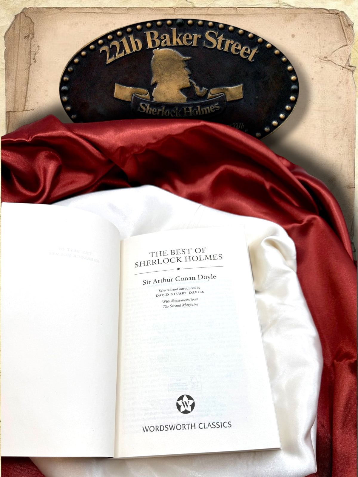 Open title page of The Best of Sherlock Holmes by Sir Arthur Conan Doyle, selected and introduced by David Stuart Davies, with illustrations from The Strand Magazine, published by Wordsworth Classics.