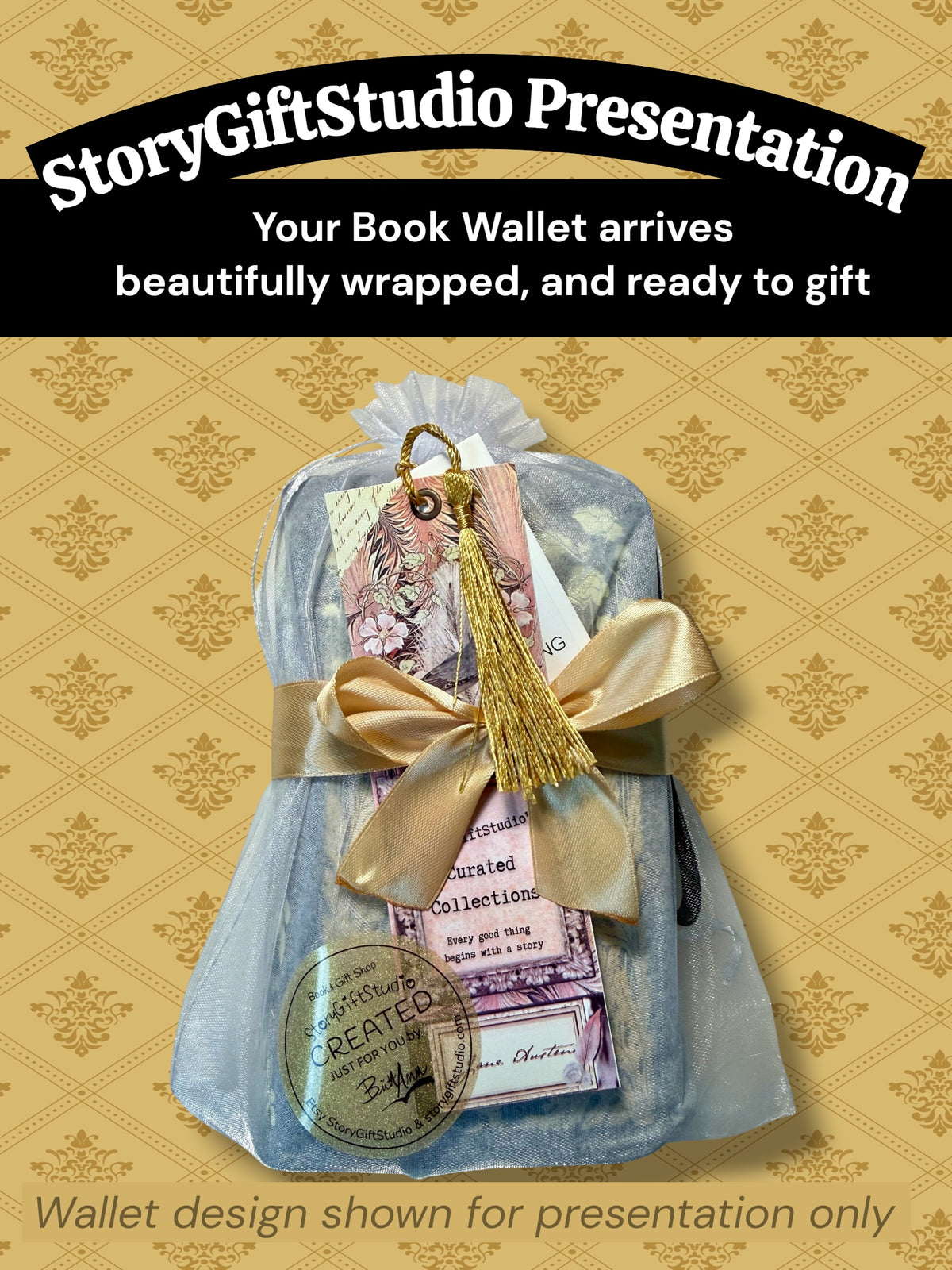 StoryGiftStudio Book Wallet gift presentation with organza wrapping, gold satin ribbon, tassel, and curated collection tags, ready for gift giving.