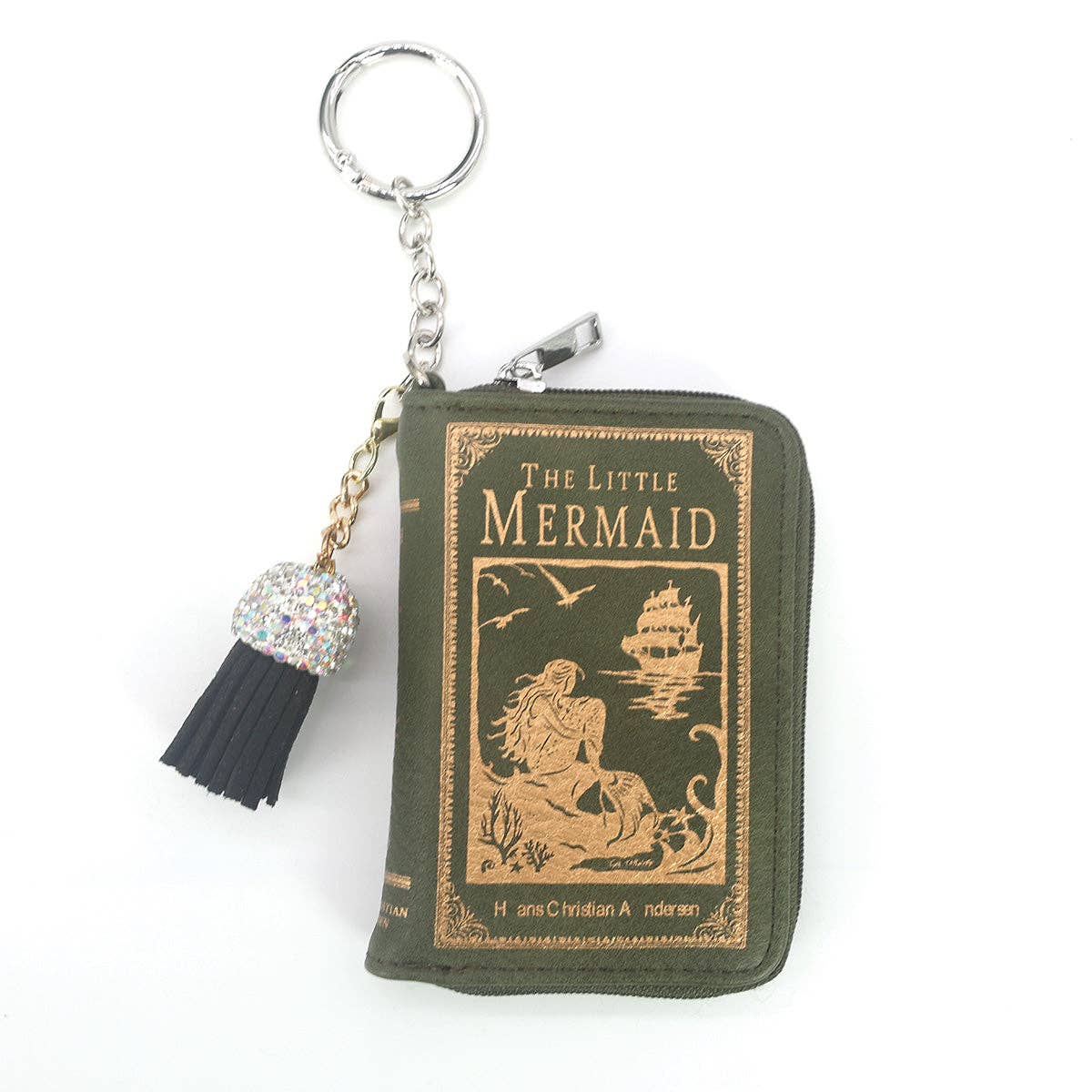 The Little Mermaid miniature book-shaped vinyl coin purse and bag charm with fairy tale cover design, zippered closure, and clip attachment.