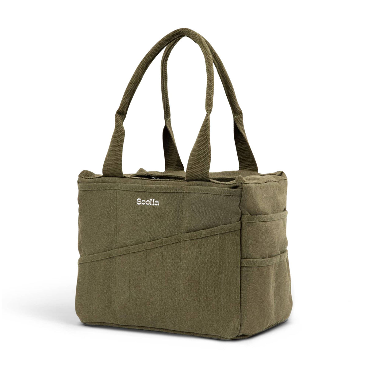 Soolla Studio Bag tote bag with multiple pockets and a visible brand logo on a white background