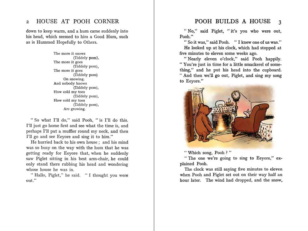 Open pages of The House at Pooh Corner by A. A. Milne showing story text and full-color illustrations based on E. H. Shepard&
