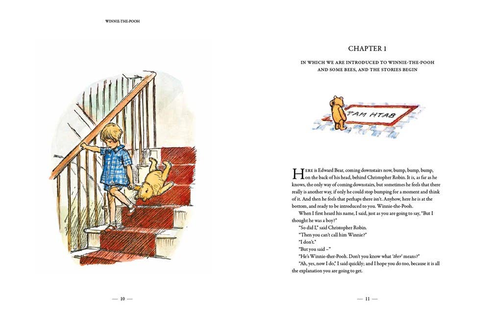 Open pages of Winnie-the-Pooh: The Complete Collection by A. A. Milne showing introductory book information and E. H. Shepard illustrations.