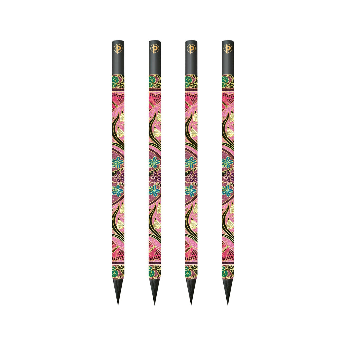 Four black pens with colorful patterns on a white background