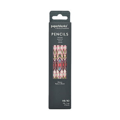 Paperblanks Mimosa set of four pink floral HB graphite pencils featuring botanical artwork inspired by Percy Bysshe Shelley&
