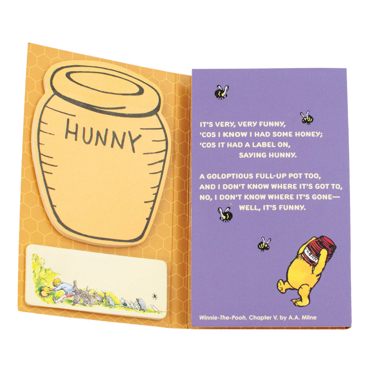 Winnie-the-Pooh Sticky Hunny Notes showing Hunny Pot shaped sticky notes, illustrated memo pad, and purple back cover.