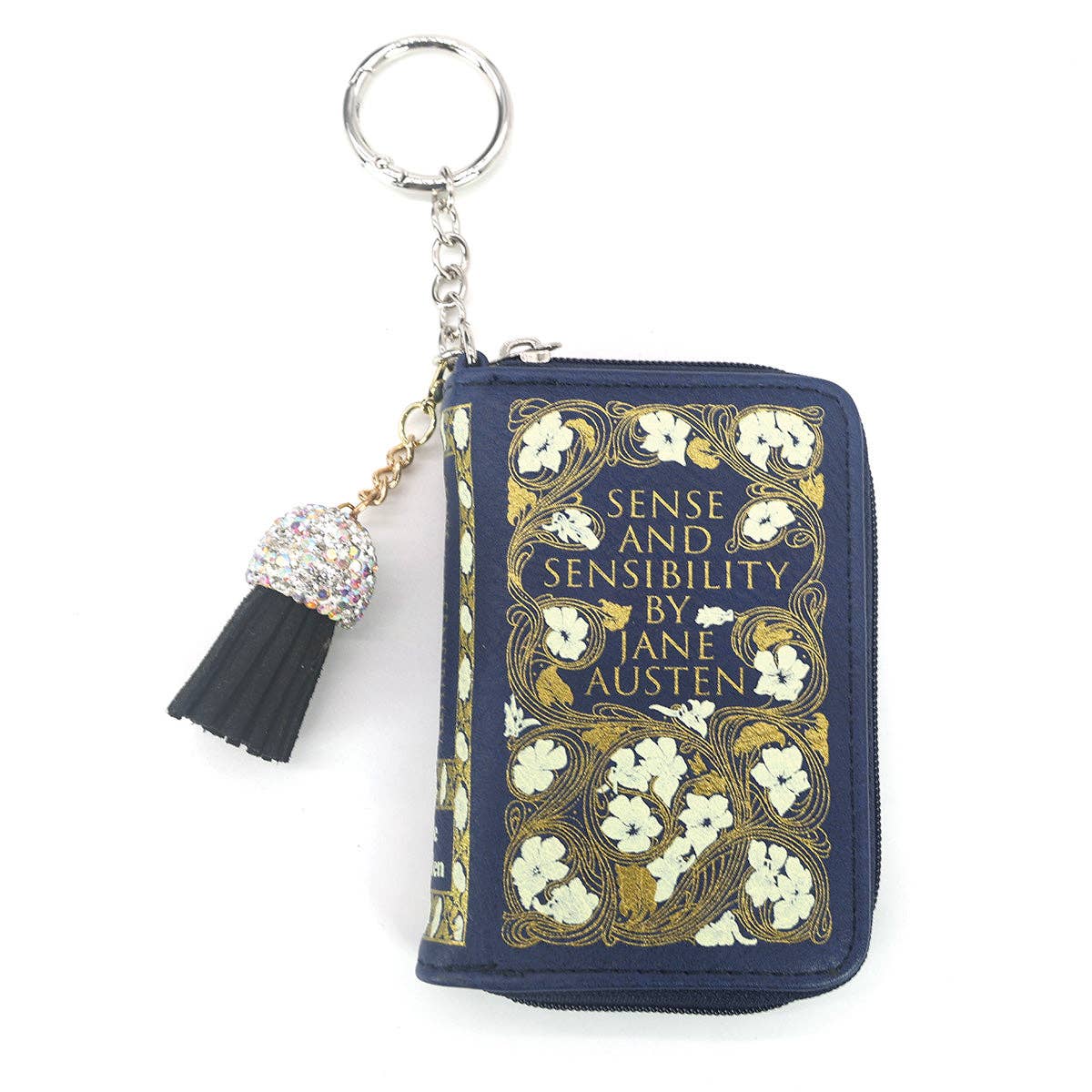 Sense and Sensibility miniature book-shaped vinyl coin purse and bag charm featuring vintage-style cover artwork inspired by Jane Austen&
