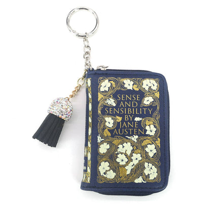 Sense and Sensibility miniature book-shaped vinyl coin purse and bag charm featuring vintage-style cover artwork inspired by Jane Austen&