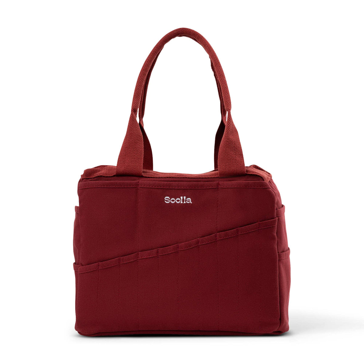 Soolla Studio Artist Bag in Sangria, canvas art and craft supply tote with multiple organizer pockets.