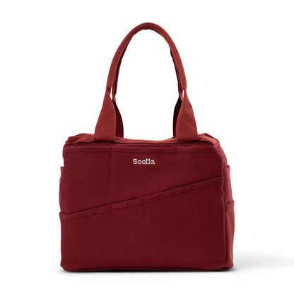 Soolla Studio Artist Bag in Sangria, canvas art and craft supply tote with multiple organizer pockets.