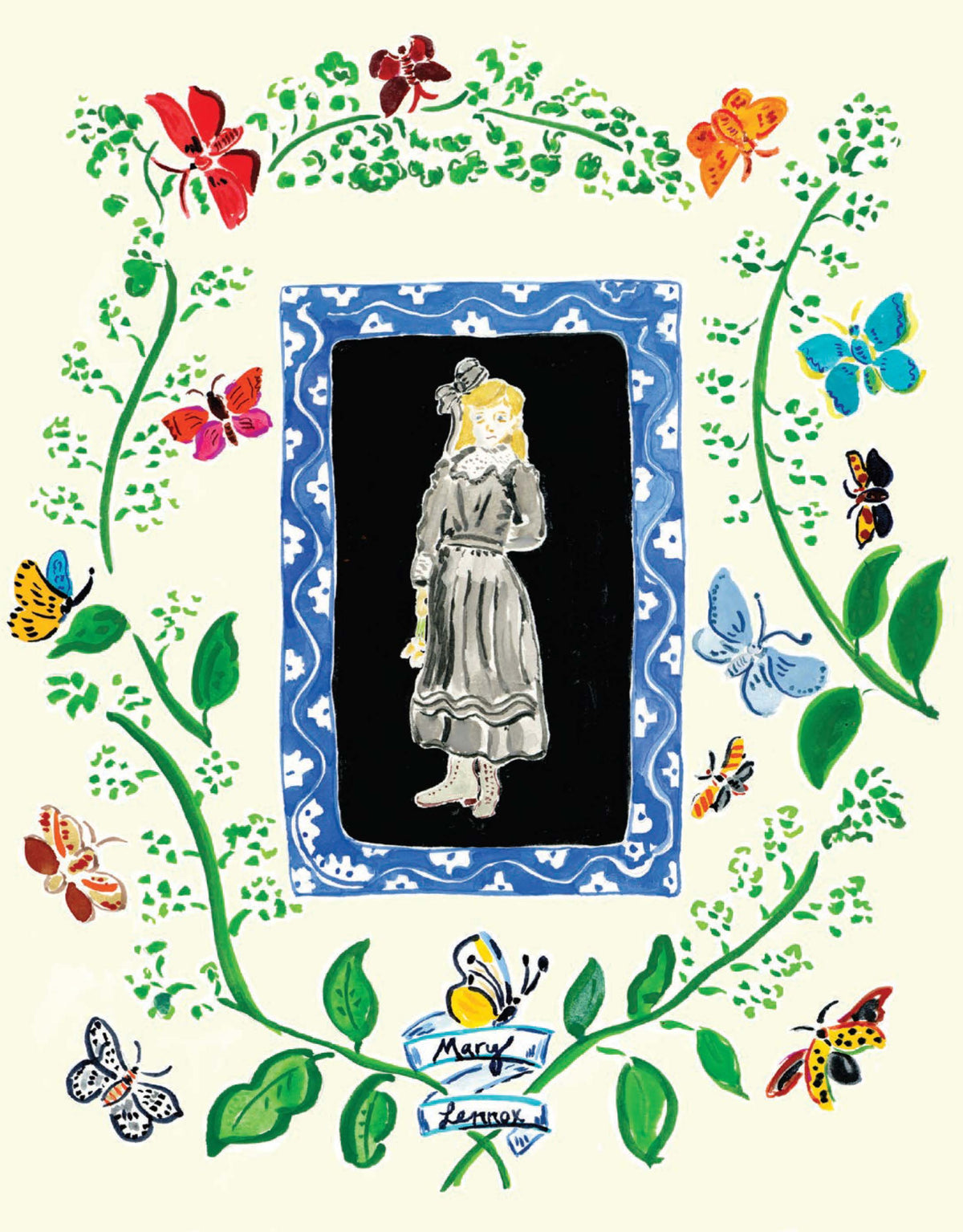 Decorative illustrated page from The Secret Garden by Frances Hodgson Burnett, featuring colorful botanical artwork by Kate Lewis.