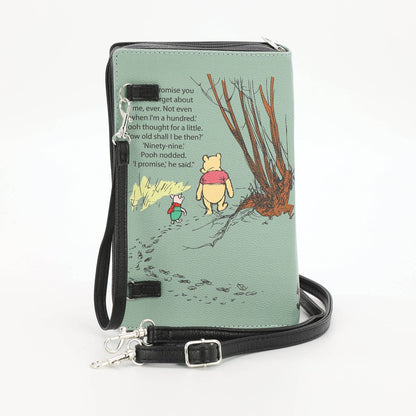 Back of The House at Pooh Corner green book clutch bag showing the illustrated vinyl exterior and book-shaped handbag design.