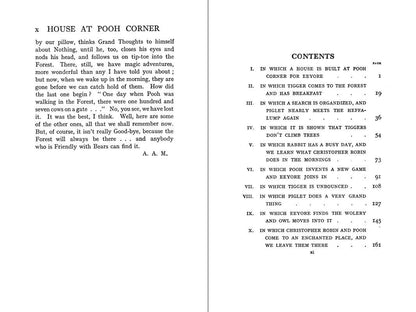 Contents page of The House at Pooh Corner by A. A. Milne, illustrated hardcover featuring original E. H. Shepard artwork newly colorized.