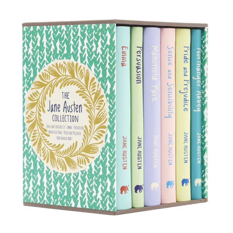 The Jane Austen Collection by Arcturus Publishing, six clothbound hardcover novels with colorful pastel embossed covers, matching endpapers, and a decorative slipcase.