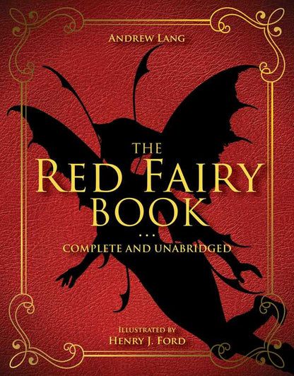 The Red Fairy Book by Andrew Lang, red hardcover featuring a black fairy silhouette, gold lettering, and ornate decorative border.