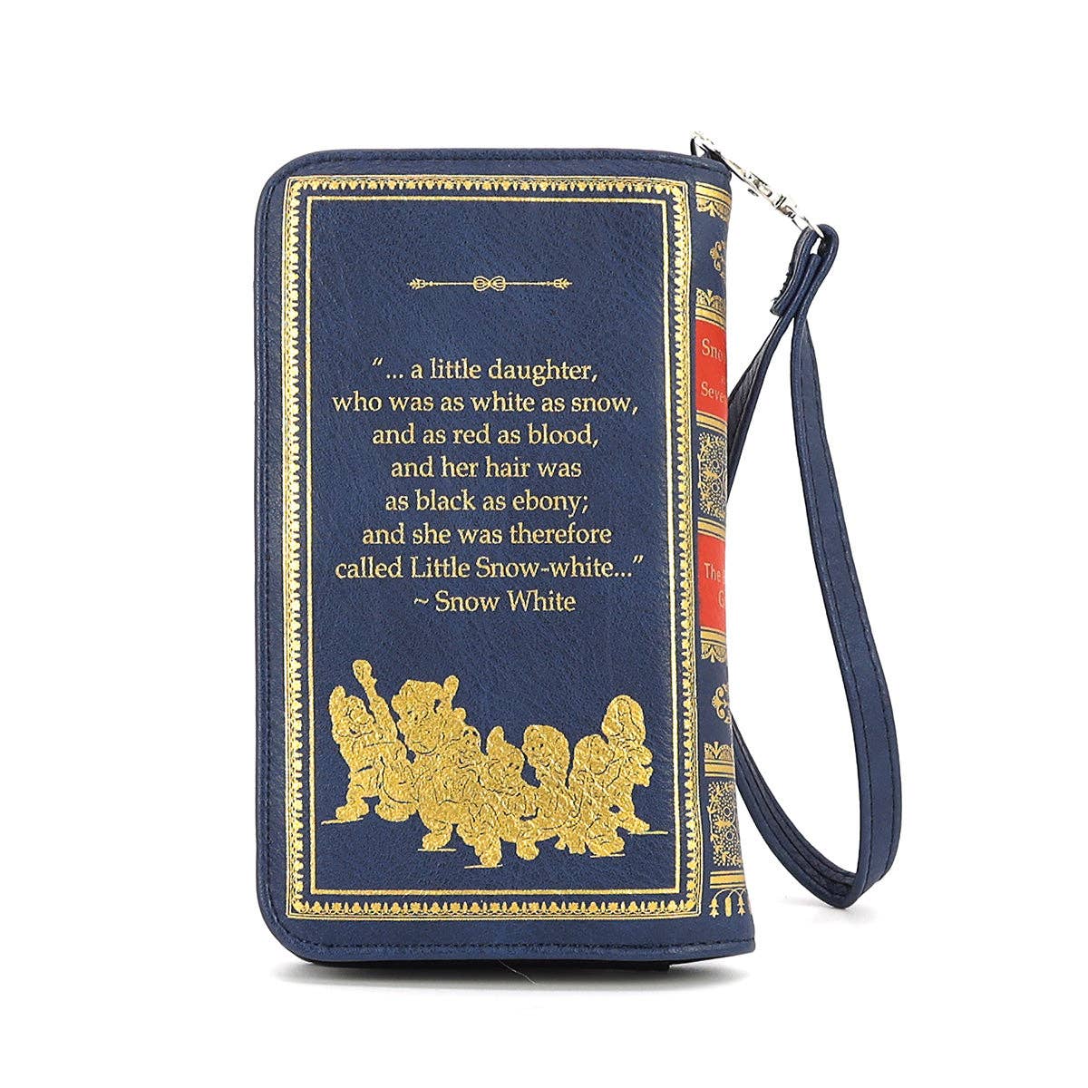Snow White book wallet back view showing gold Snow White quote and Seven Dwarfs artwork.
