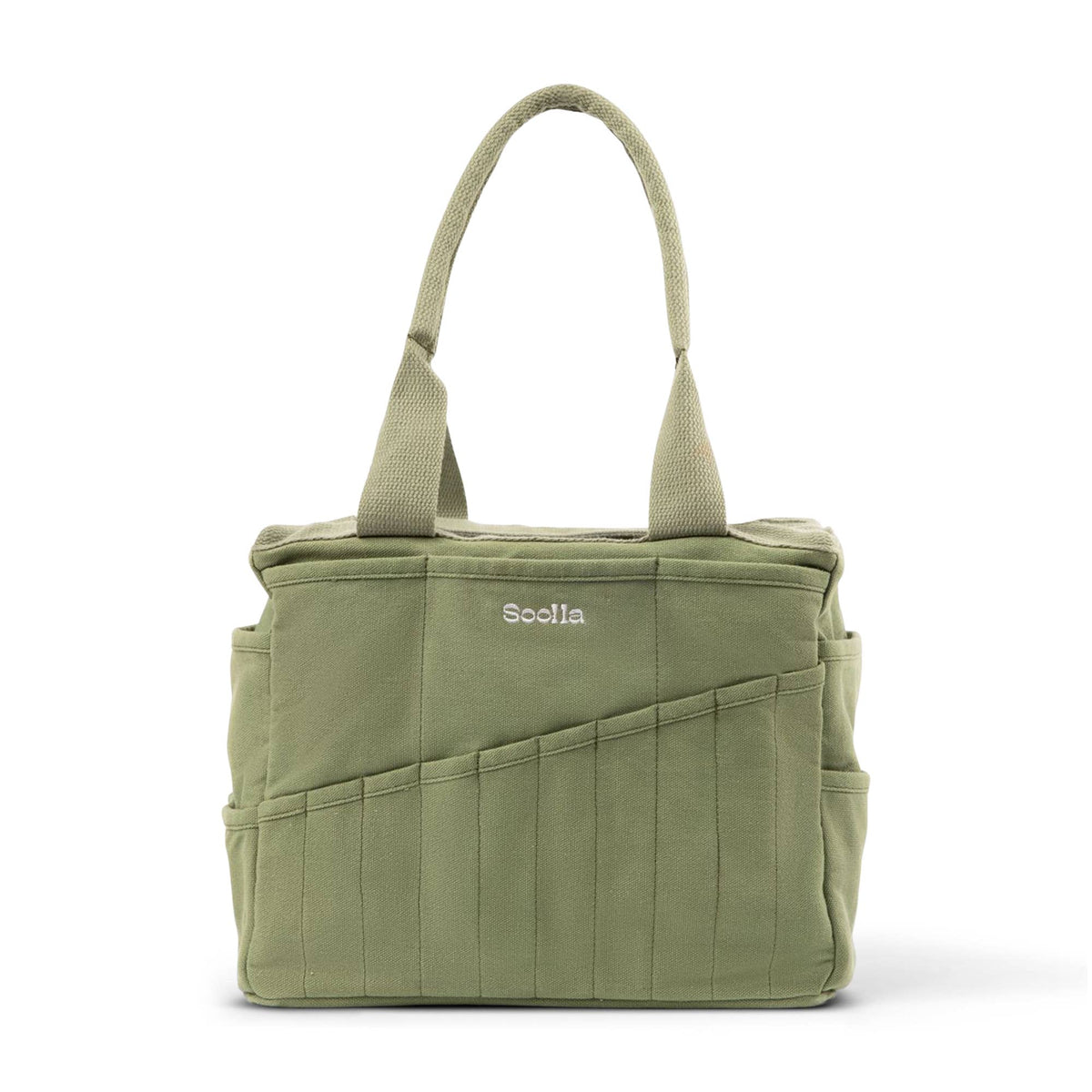 Soolla Studio Artist Bag in Ganja Green, canvas art and craft supply tote with multiple organizer pockets.