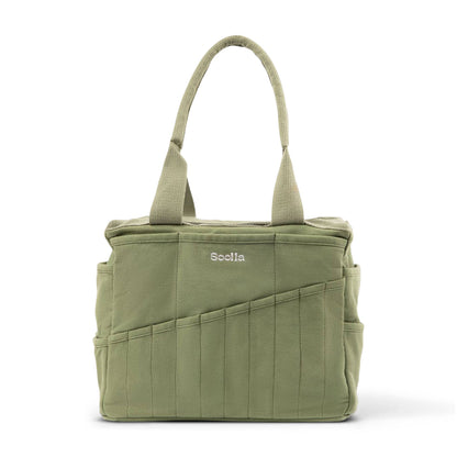 Soolla Studio Artist Bag in Ganja Green, canvas art and craft supply tote with multiple organizer pockets.