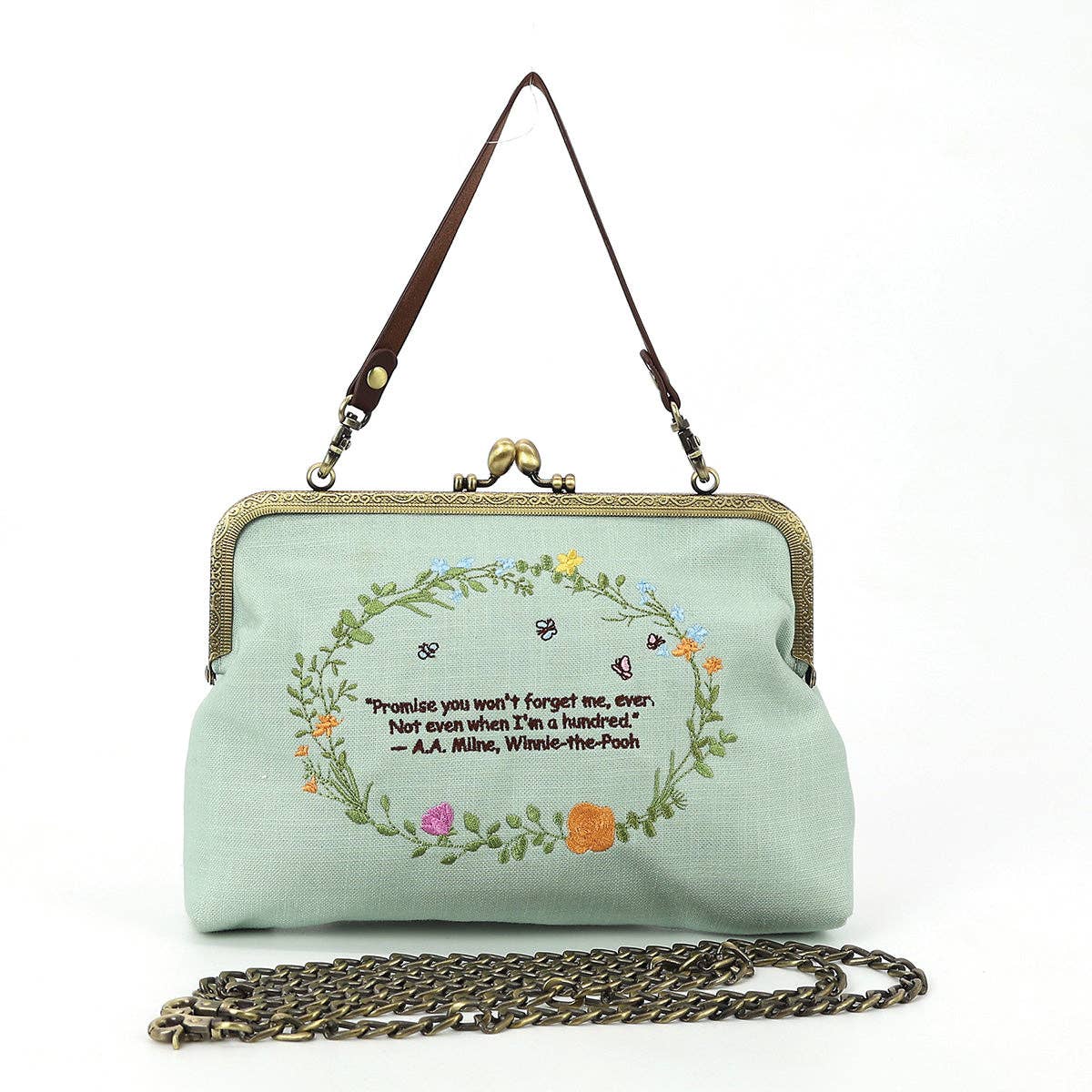 Back of mint green Winnie-the-Pooh and Piglet kisslock bag showing an embroidered floral wreath with an A. A. Milne friendship quotation.