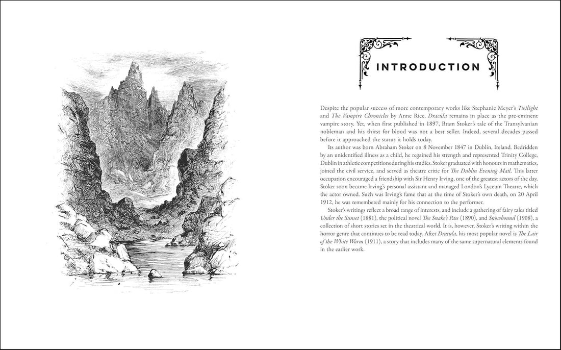 Dracula Book page with illustration of a mountain and text on a white background