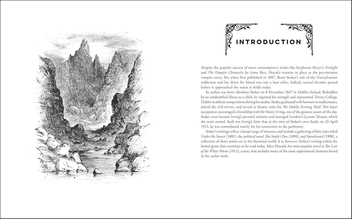 Dracula Book page with illustration of a mountain and text on a white background