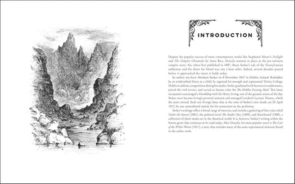 Dracula Book page with illustration of a mountain and text on a white background