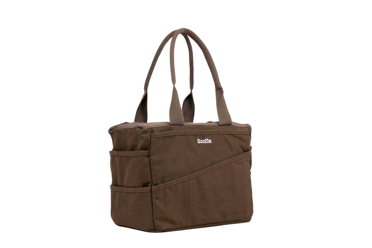 Soolla Studio Bag in Coffee Bean with multiple pockets and handles on a white background