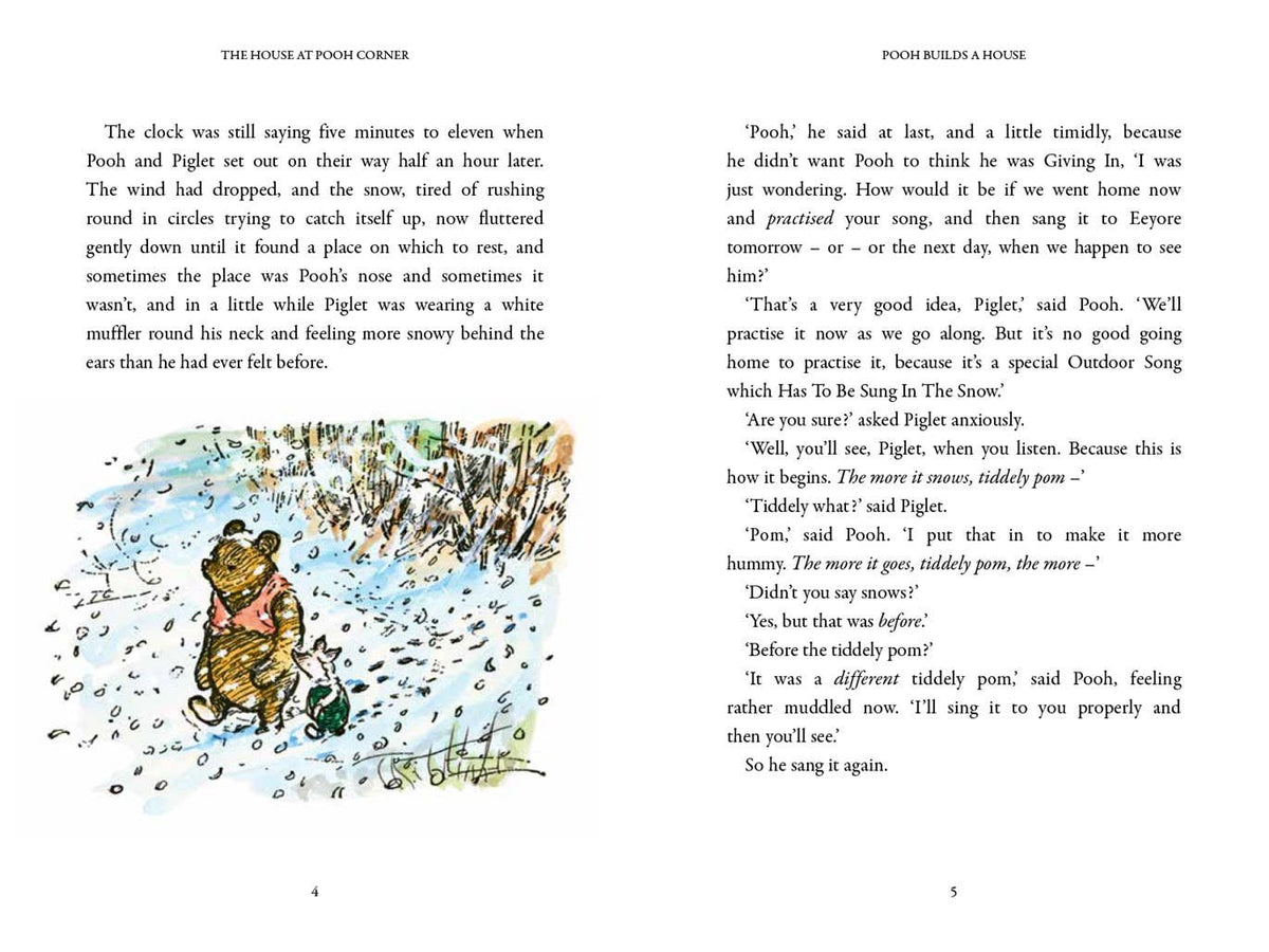 Page from a book with text and a illustration of Pooh and Piglet in a snowy scene.