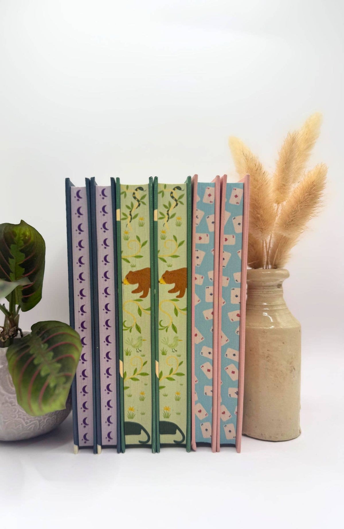 Set of five patterned books standing upright next to a vase with dried plants on a white background