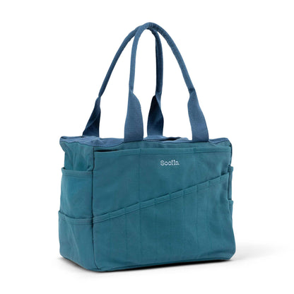 Blue tote bag with Soolla branding on a white background