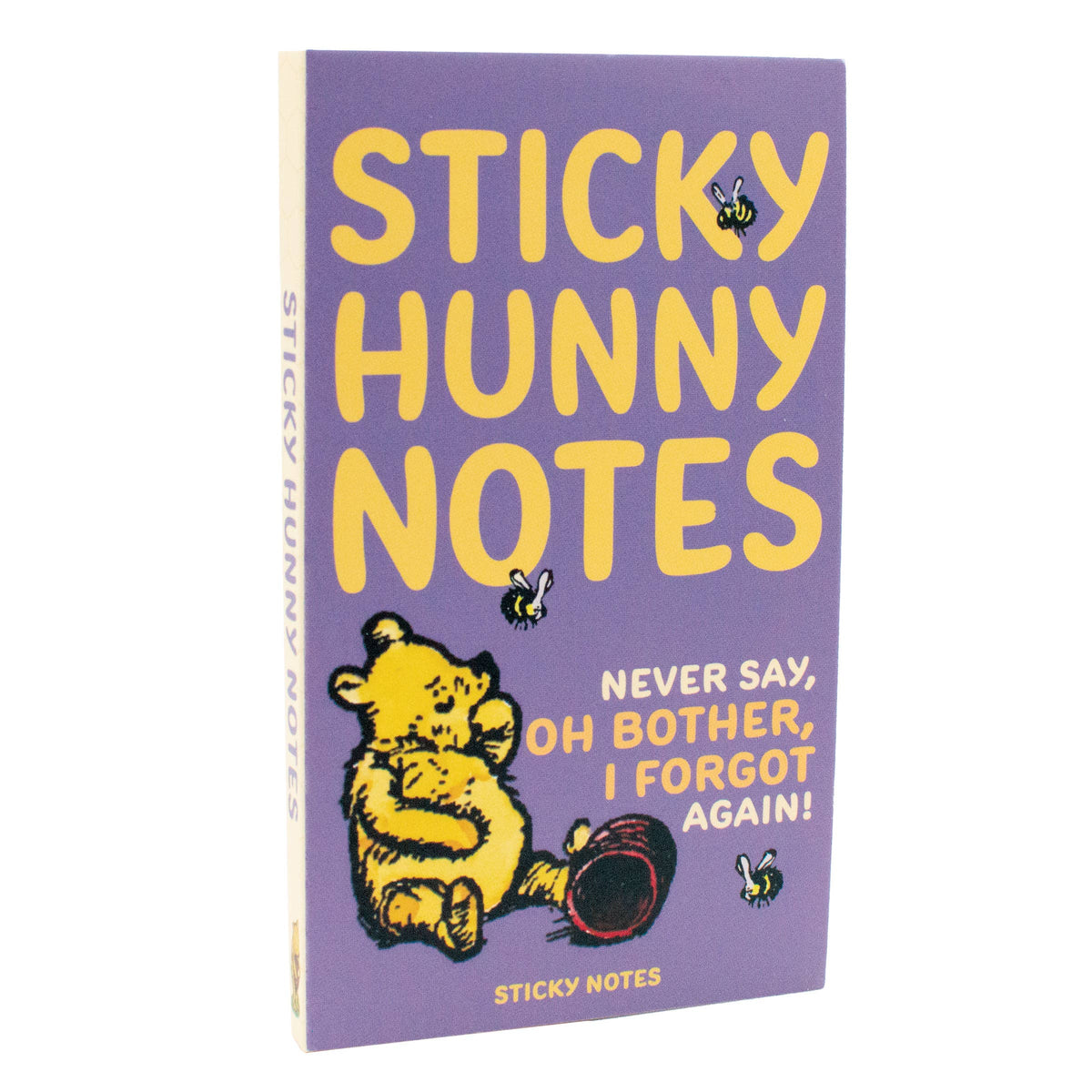 Winnie-the-Pooh Sticky Hunny Notes booklet with purple cover, yellow lettering, and classic Pooh illustration.