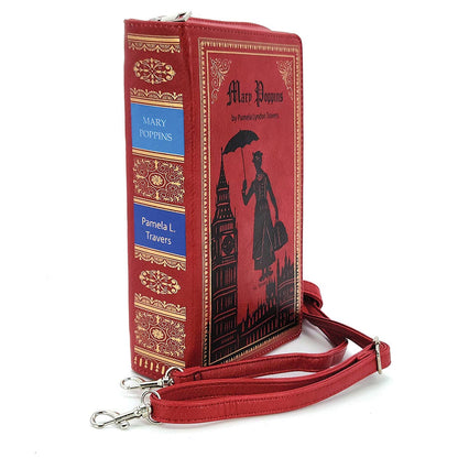 Mary Poppins book-shaped vinyl clutch purse shown from the side, highlighting its compact book-inspired design.