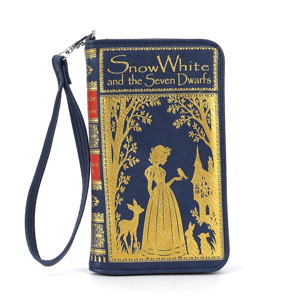 Snow White book wallet front view showing navy vinyl, gold fairytale artwork, and wristlet strap.
