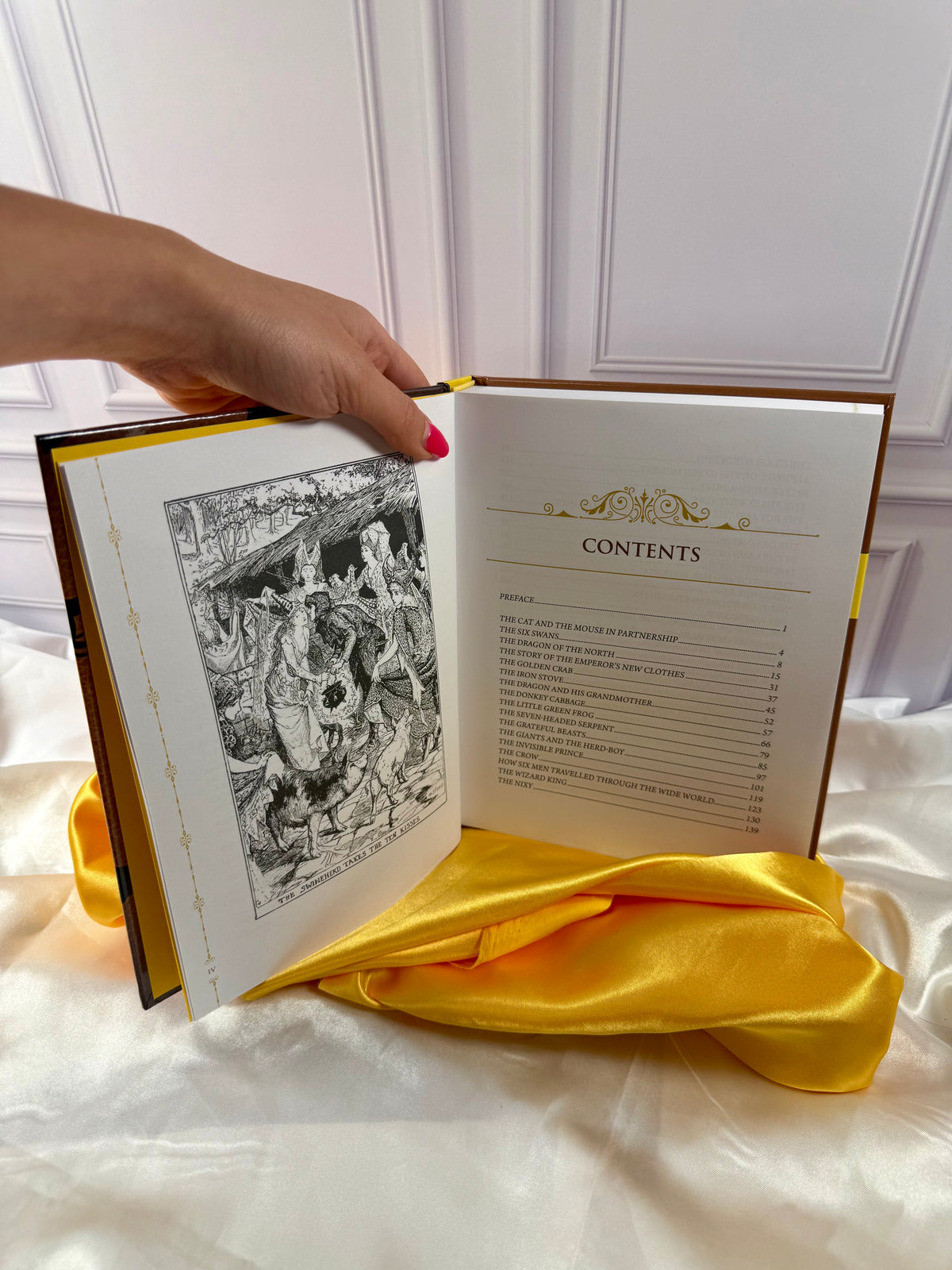 The Yellow Fairy Book by Andrew Lang opened to its table of contents, featuring a selection of traditional fairy tales.