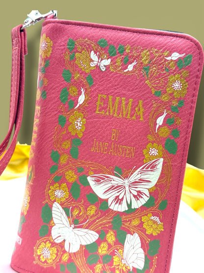 Close-up of the Jane Austen Emma Book Wallet featuring pink and coral floral artwork, decorative lettering, and a book-inspired design.
