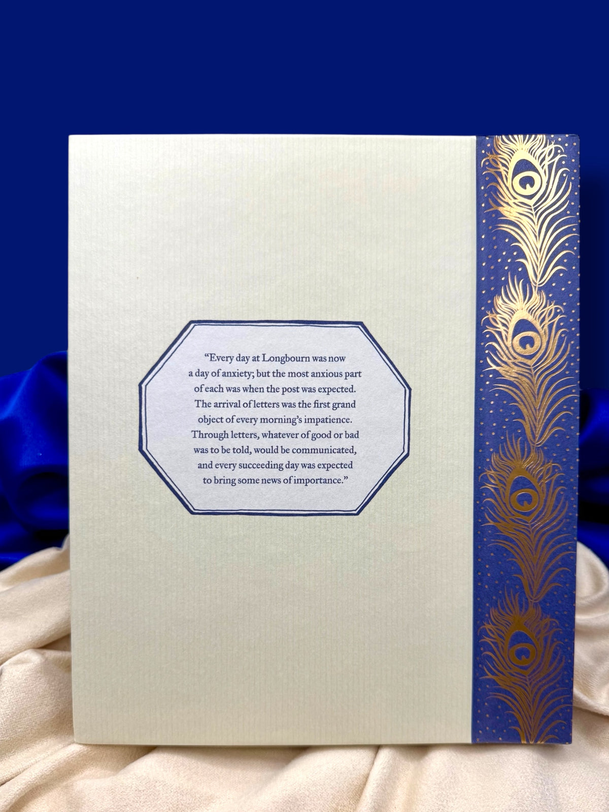 Back view of Pride and Prejudice deluxe edition, featuring its illustrated cream cover panel and ornate blue and gold floral border.