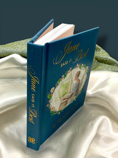 top view of Jane Said It Best, a compact illustrated Jane Austen quotation book measuring 5.5 × 4.7 inches, a charming literary gift for Austen readers.