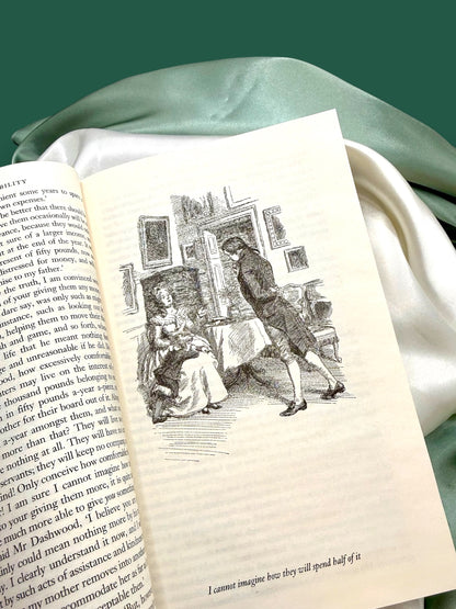 Interior of Sense and Sensibility Wordsworth Classics paperback showing a black-and-white illustration beside printed text.