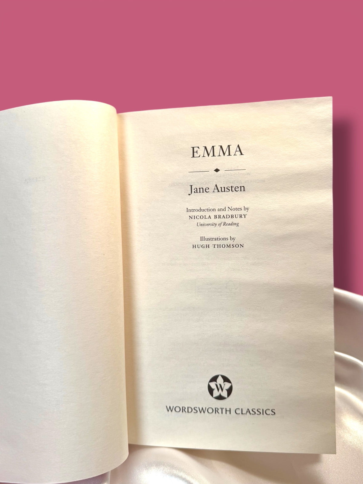 Interior pages of Emma by Jane Austen, Wordsworth Classics paperback, showing the book opened near its title page.