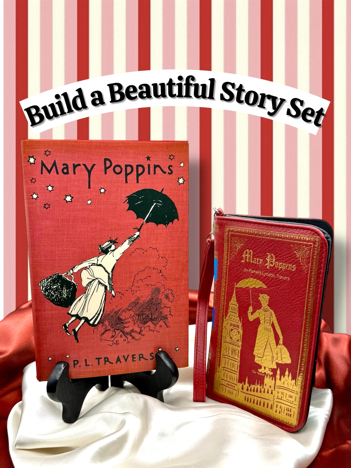 Mary Poppins hardcover book displayed with coordinating literary books and gifts against a red-and-white striped backdrop.